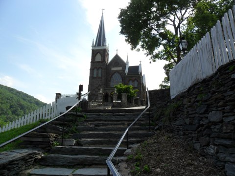 Hand carved steps up to the Church in Harper's Ferry. these stairs go up about 6 flights and they are steep and uneven. 